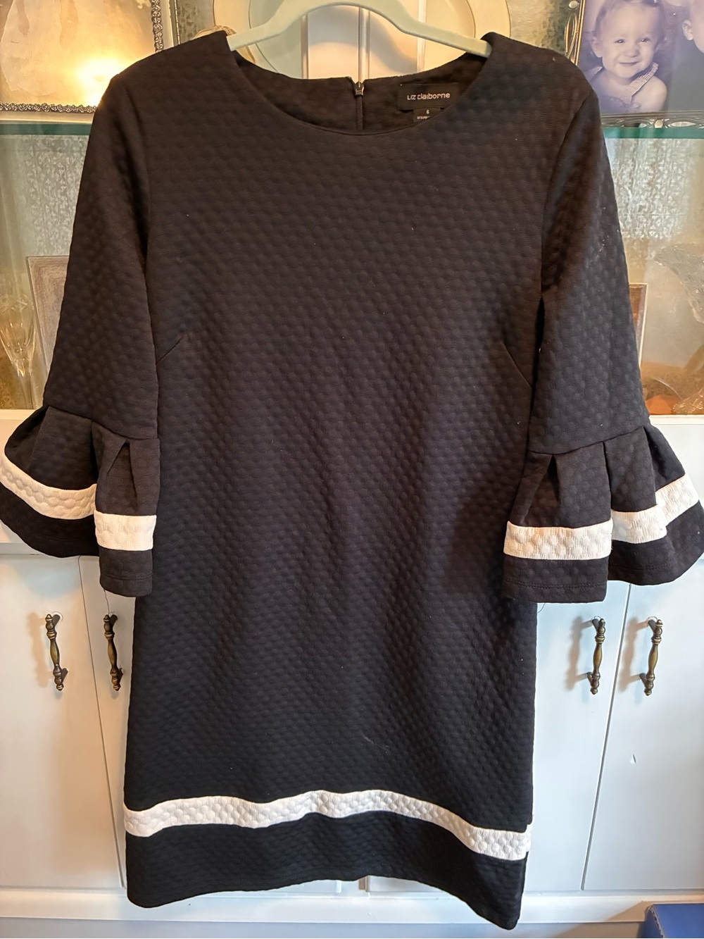 Liz Claiborne A-Line Black Shift Dress with White Banding & Bell Sleeves